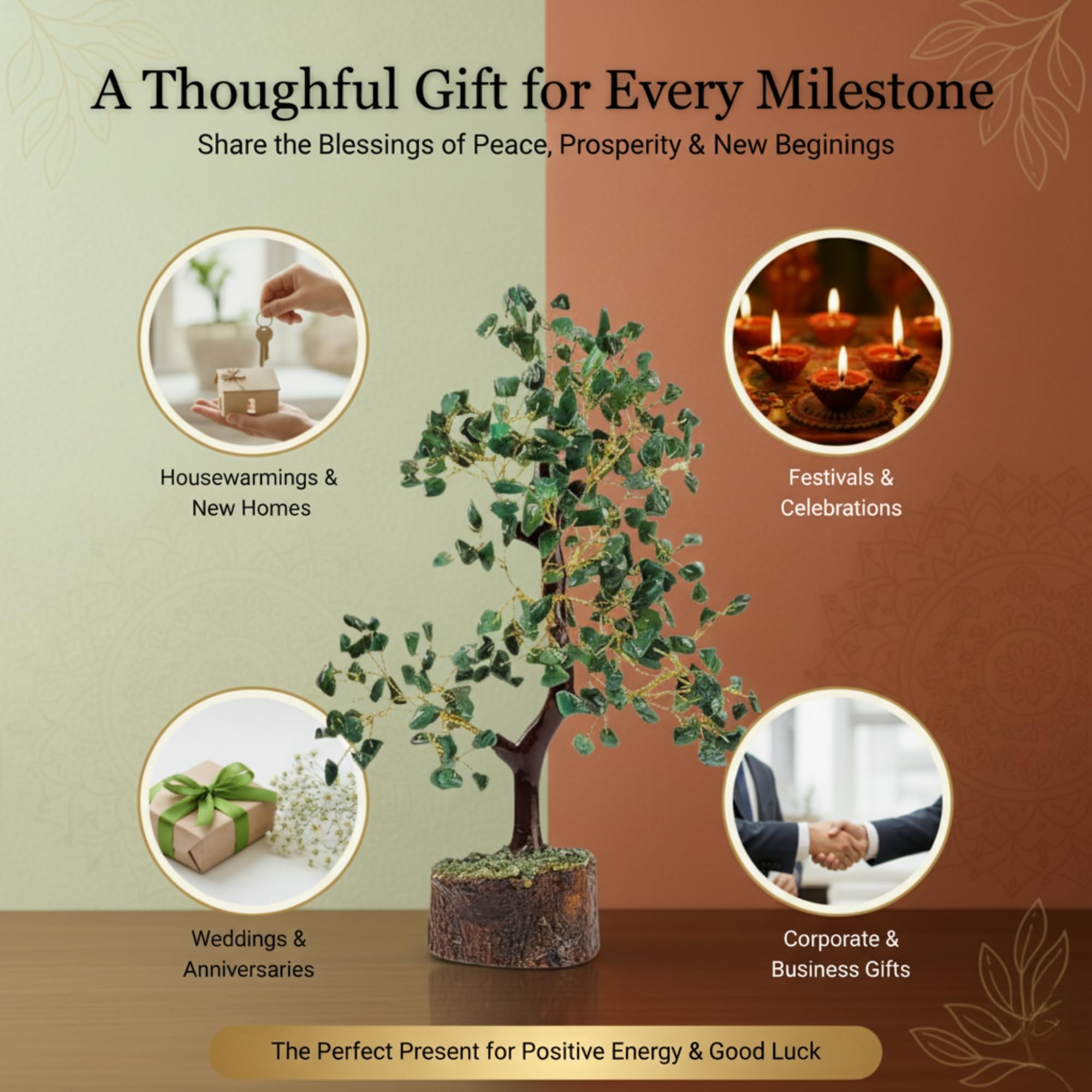 CALMINDS Green Aventurine Crystal Wooden Tree | Natural Luck & Prosperity Gemstone Bonsai with Wooden Base | Crystal Tree for Positive Energy | Good Luck Tree