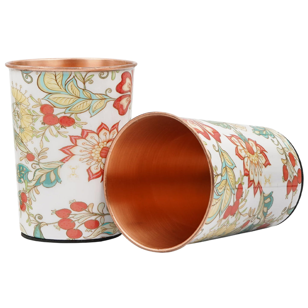 MERCAPE® - Flower Print Pure Copper Water Bottle with 2 Glass | Leak Proof, Durable & Rust Proof | Non-Toxic & BPA Free Steel Bottles | Printed Tamba Bottle (900 ml - 2x 300 ml)