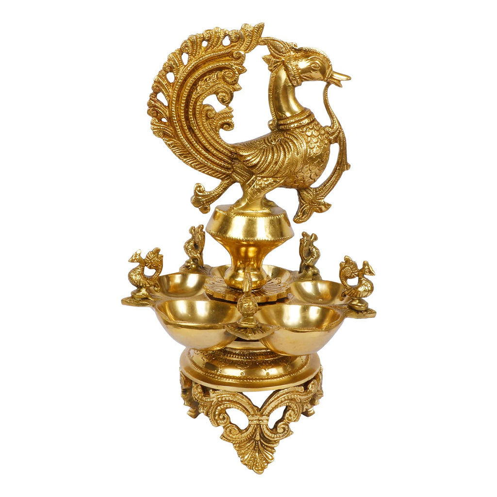 Svarup 12 Inch Gold Color Brass Peacock Diya: Perfect for Home Temple Aarti, Camphor Burn, and Table Mandir