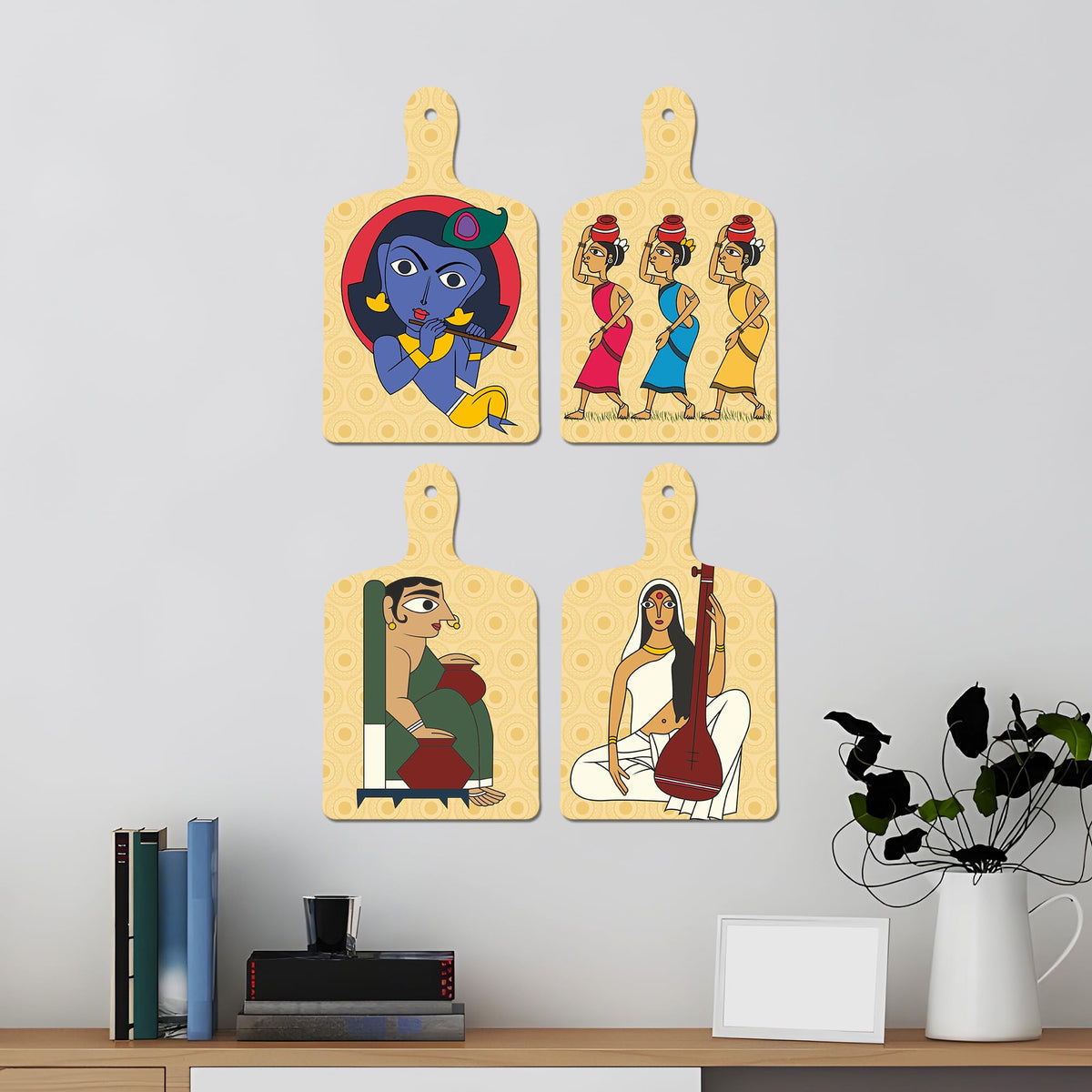 Artvibes Shri Krishna Village Man & Veena Lady Folk Art Wooden Wall Hanger for Home | Spiritual Decor Items | Wall Poster | Artwork| Stylish Modern Decor Item | Gift Items (WH_5646N), Set of 4