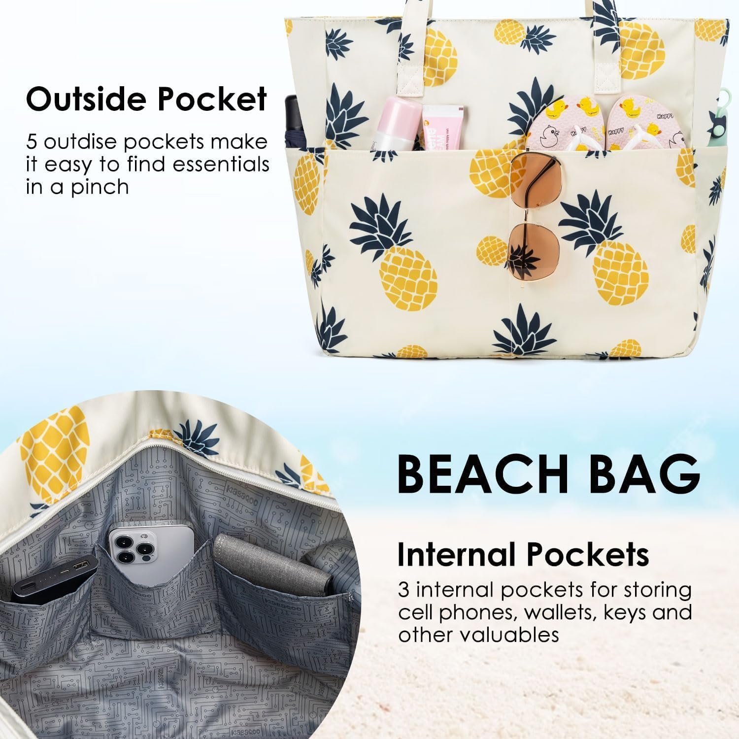 hirTa Gab Tote Bag with Makeup Pouch for Teacher Women Office Girls Work Multipurpose Hanbag Mostly Used for Travel Grocery Beach Hobo Waterproof Sandproof Lightweight Pool Bag (Yellow Pineapple)