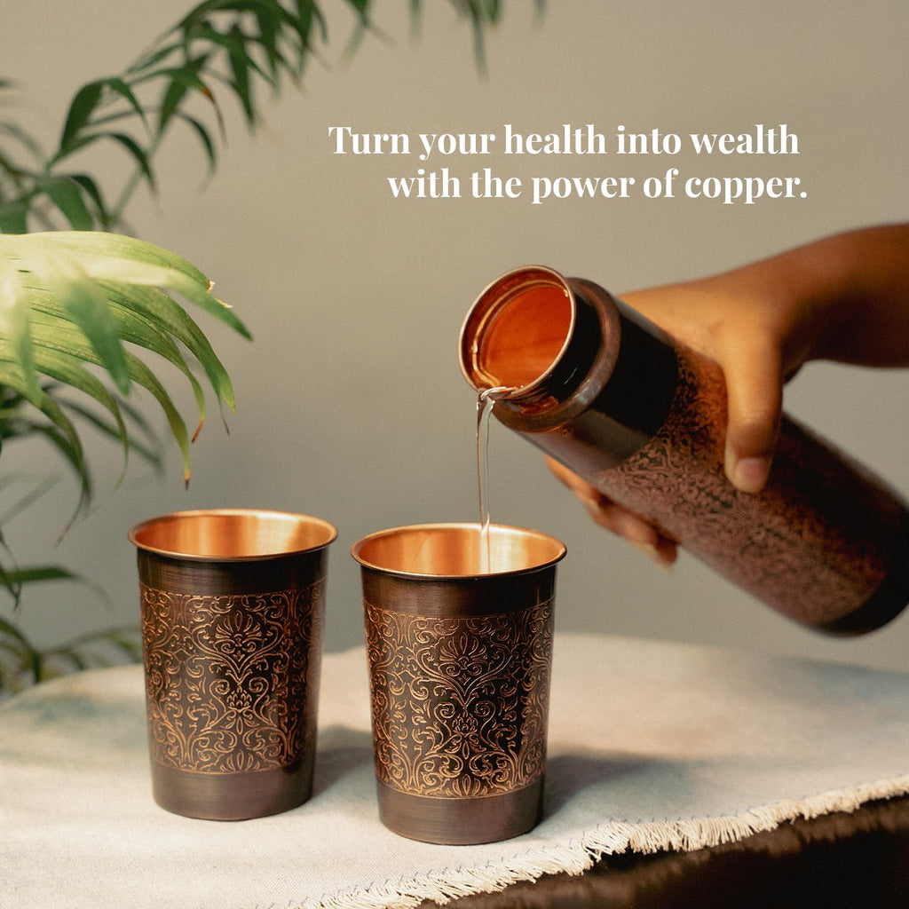 URBANFIX 100% Pure Copper Water Bottle with Glass set | Antimicrobial, Antioxidant & BPA Free, Boosts Immunity, Support Digestive Health| Ayurveda Inspired(950 ml 2x 300ml)