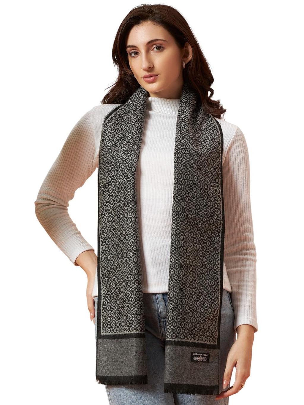 Ravaiyaa - Attitude is everything Women Woolen Ikat Design Casual Warm Winter Wear Muffler Scarf Stole 72x14 Inch (Grey & Black Abstract)