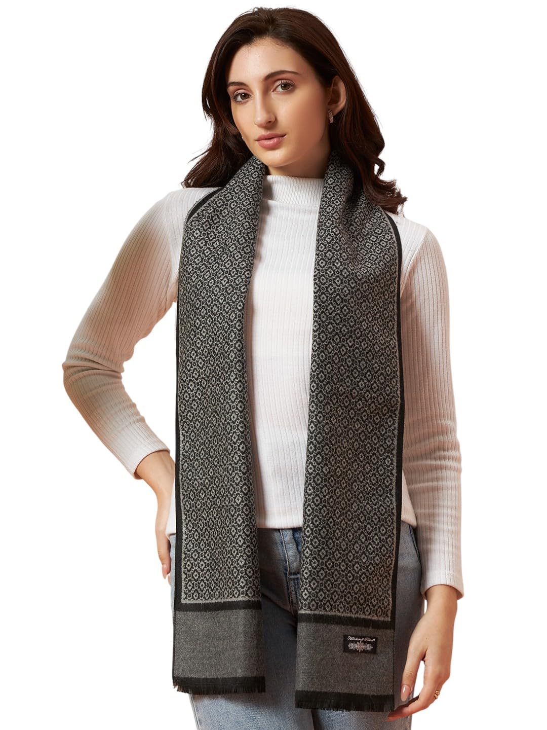 Ravaiyaa - Attitude is everything Women Woolen Ikat Design Casual Warm Winter Wear Muffler Scarf Stole 72x14 Inch (Grey & Black Abstract)