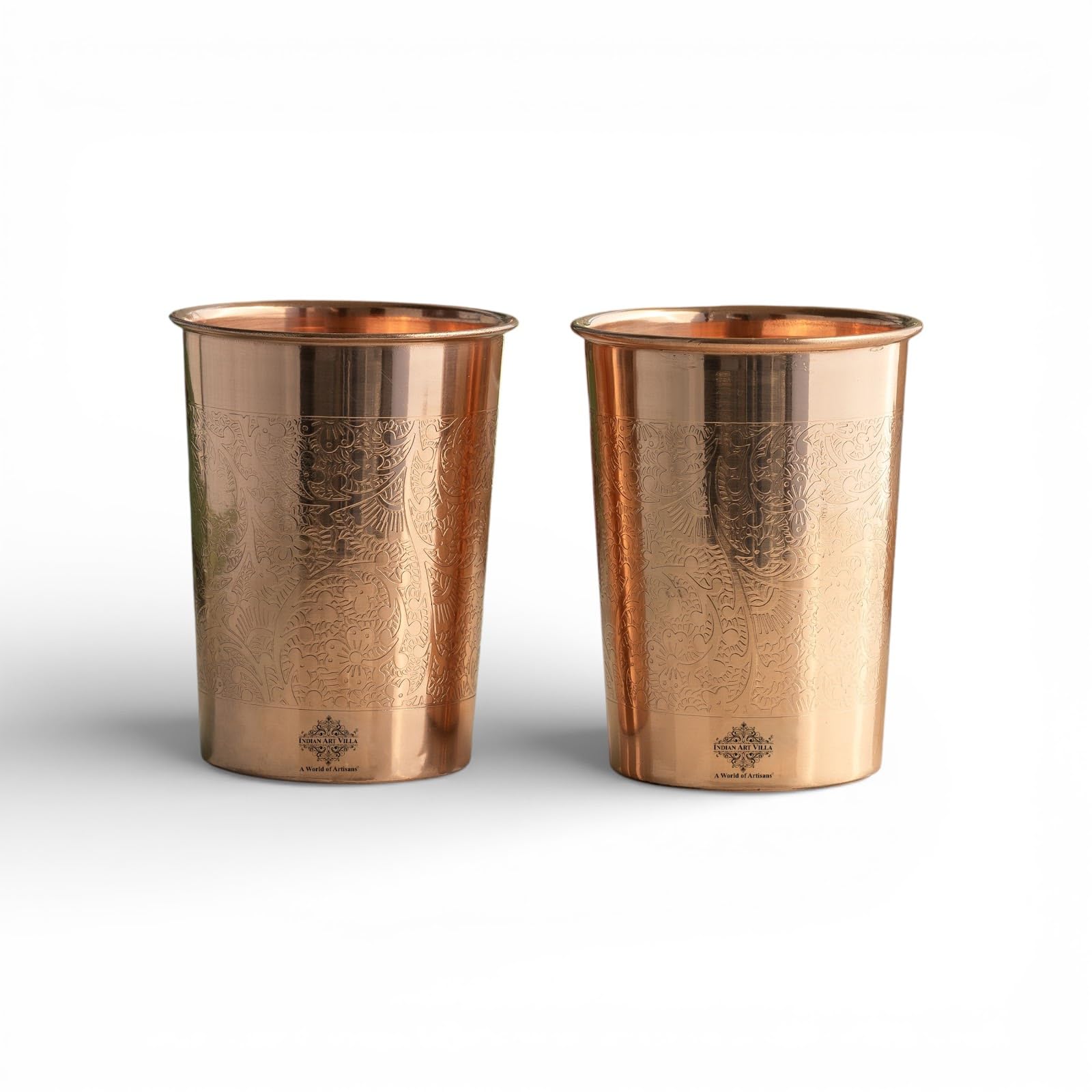 INDIAN ART VILLA Pure Copper Embossed Design Glass - 275 ML, Copper Tumbler for Water Drinking, Elegant Drinkware & Serveware, Perfect for Gifting, Home, and Festive Décor, Set of 2