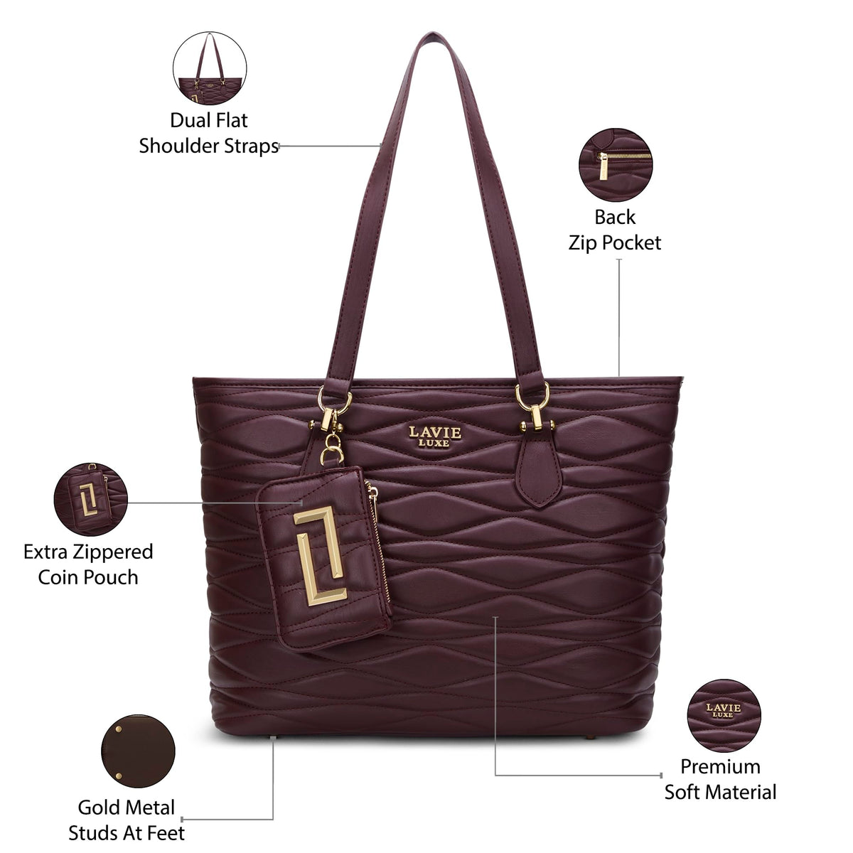 Lavie Luxe Women's Lucie Quilted Large 14 Inch Laptop Tote Handbag | Tote Bag for Work | Ladies Purse | Stylish Shoulder Bag | Gift for Women