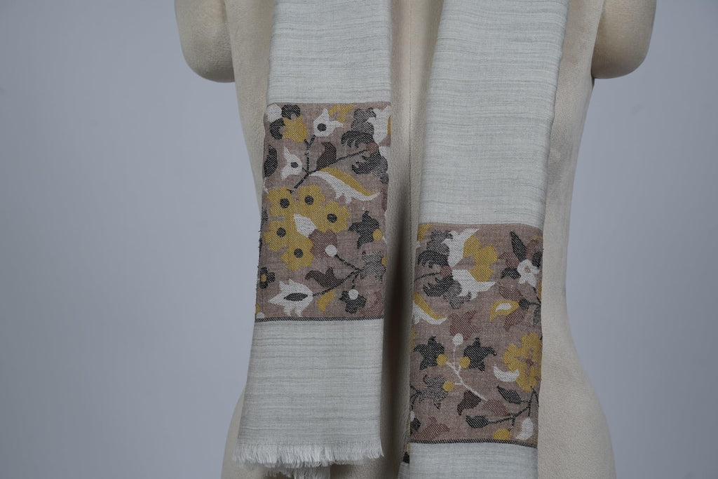 VIC Cashmere Fine Wool Shawl Stole for Women - Cream | Elegant Woven Floral Border | Soft Warm Premium Wrap | 70 x 200 cm | VIC-CFW-KB-08
