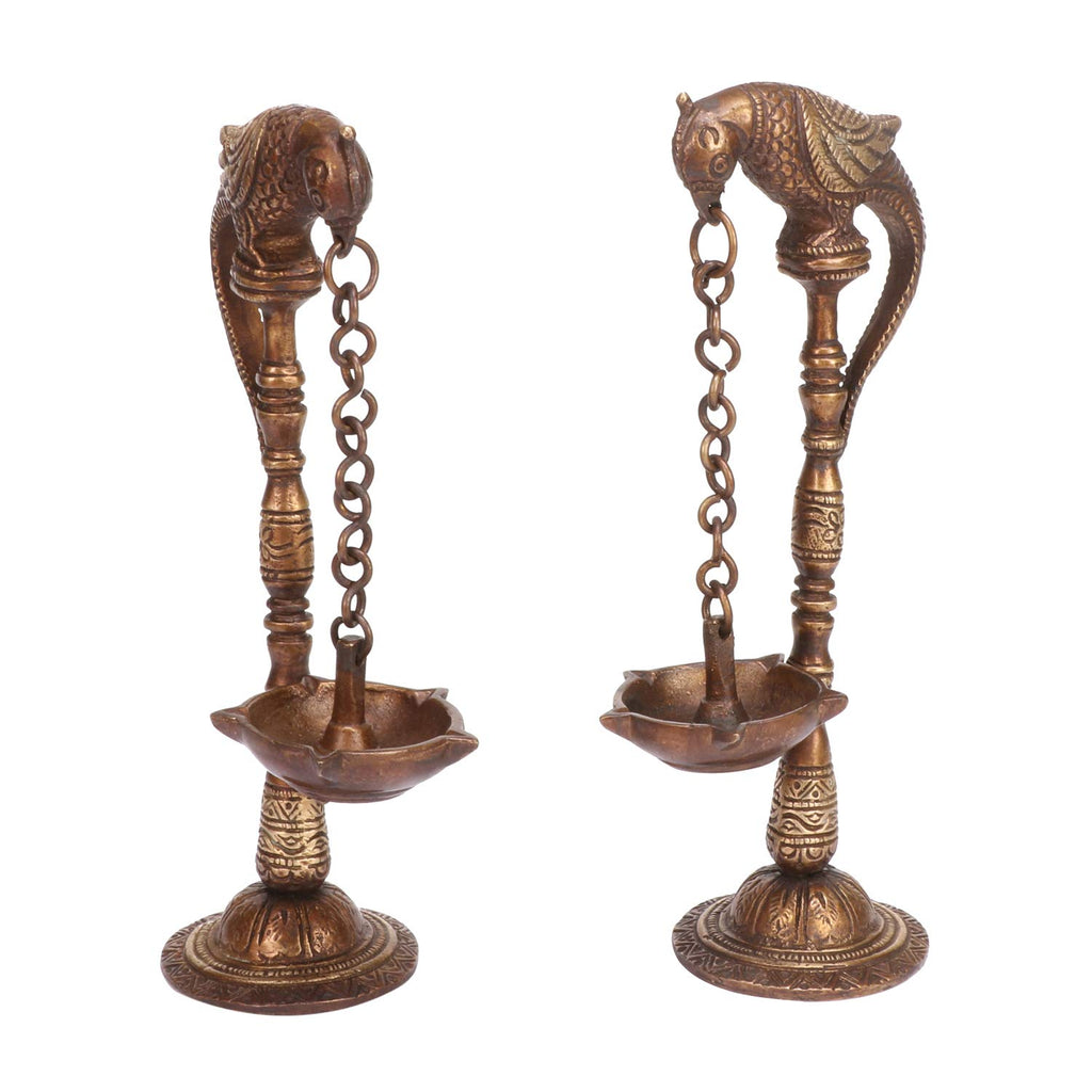 SVARUP Antique Brass Diya with Parrot Design: Ideal for Traditional Puja Rooms.