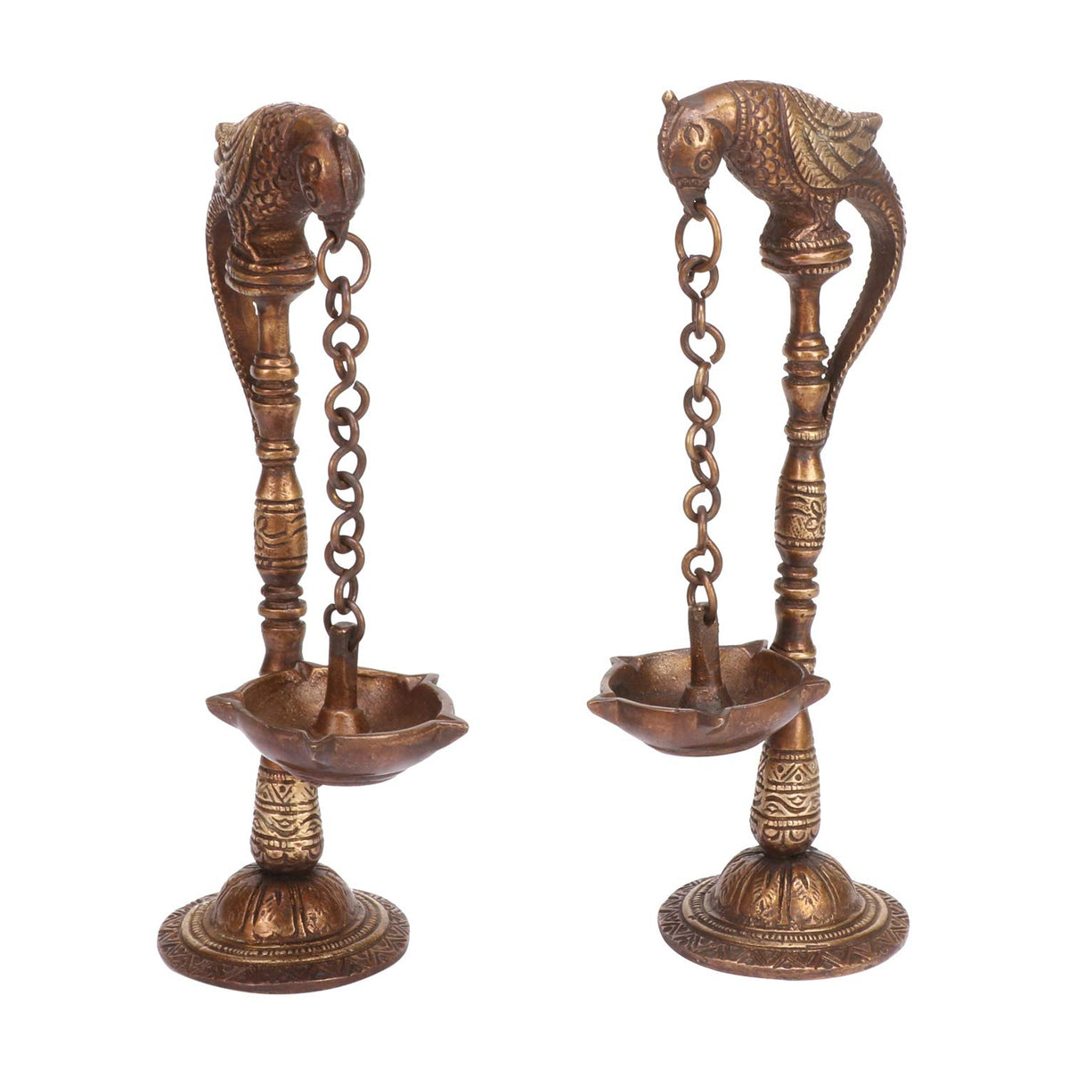 Artvarko Brass Metal Parrot Oil Diya with Chain for Puja Home Decor Entrance Deepak Diwali Pooja Deepam Table Stand Mandir Temple Decorative Item