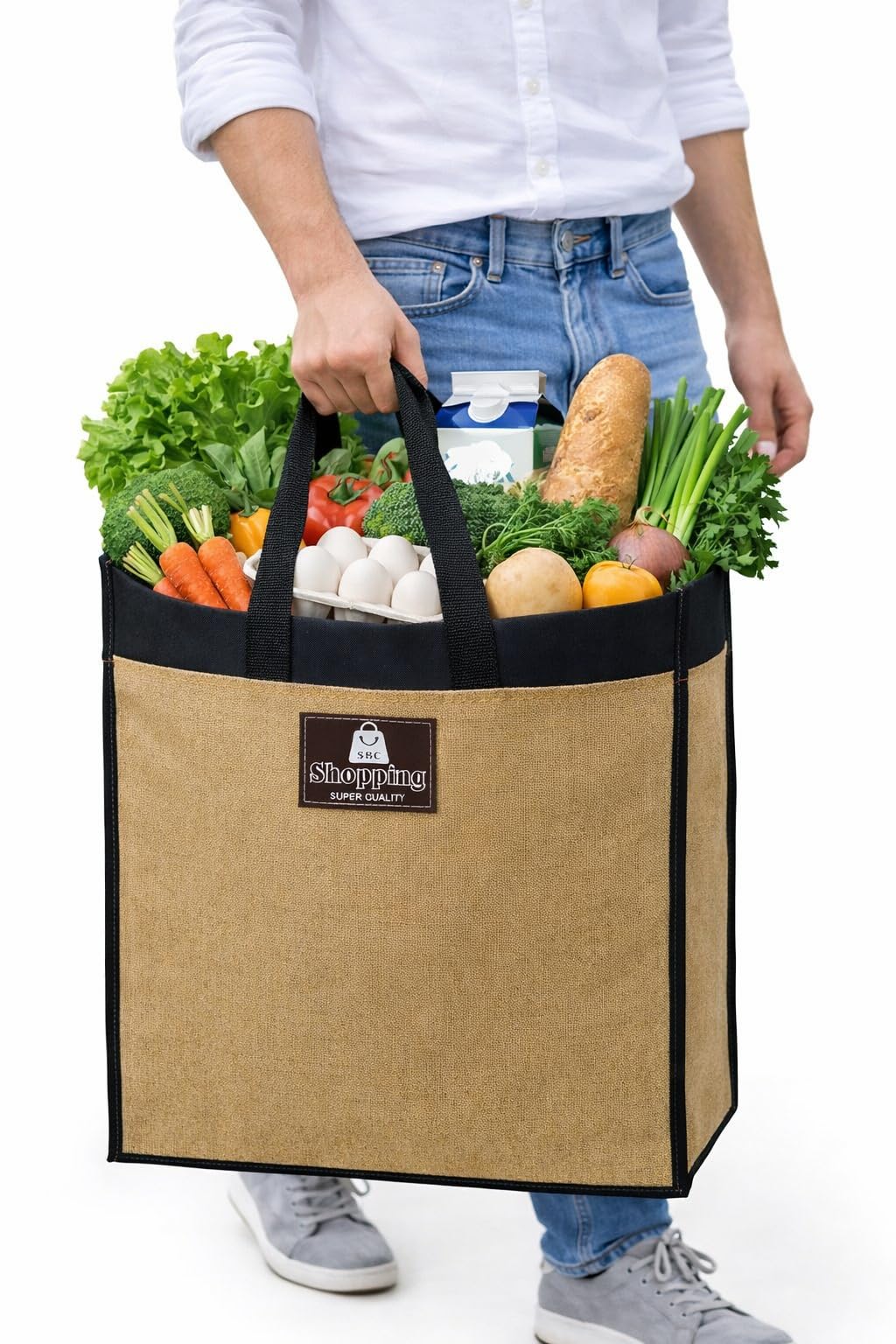 Canvas Shopping Bag Big Heavy Duty Large Eco Cotton Cloth Grocery Shopping Bag for Men Ladies Vegetable Milk Fruits with Hand Carry Handle Lunch Box Jhola Tote Bags Small Size 40x38x14