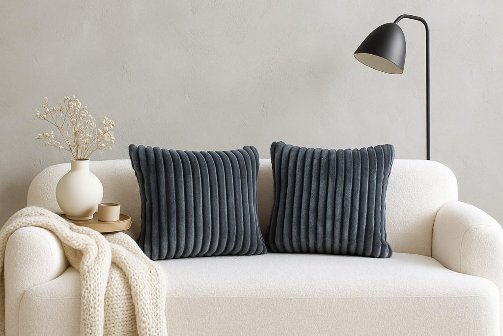AWARD VELVETS Premium Faux Rabbit Fur Plush Luxury Soft Fluffy Striped Decorative Throw Pillow/Cushion Covers for Sofa, Couch, Living Room - (Dark Grey, 16 x 16 inch) Set of 2