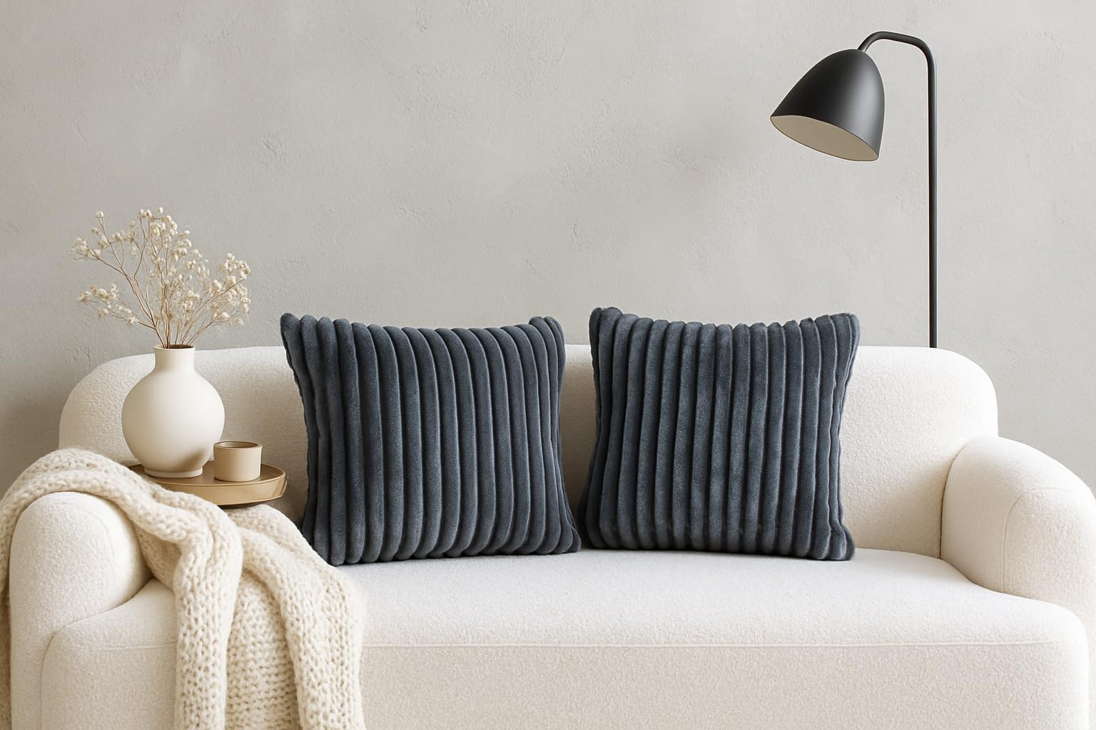 AWARD VELVETS Premium Faux Rabbit Fur Plush Luxury Soft Fluffy Striped Decorative Throw Pillow/Cushion Covers for Sofa, Couch, Living Room - (Dark Grey, 16 x 16 inch) Set of 2