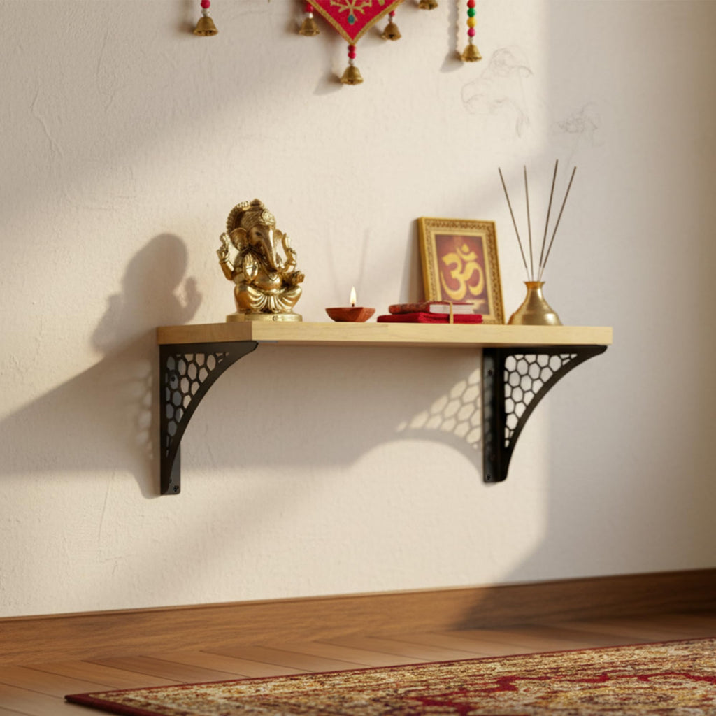 Spillbox Wooden Pooja Home Temple|White Metal Shelf |Wall Mountable|Easy Screw Assembly|Home Temple for Puja Room |Pooja Stand | Mandir-Hexagon (Small Black)