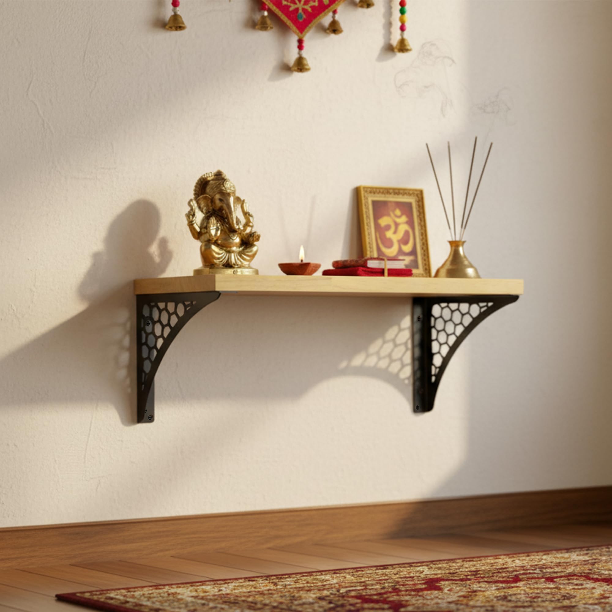 Spillbox Wooden Pooja Home Temple|White Metal Shelf |Wall Mountable|Easy Screw Assembly|Home Temple for Puja Room |Pooja Stand | Mandir-Hexagon (Small Black)