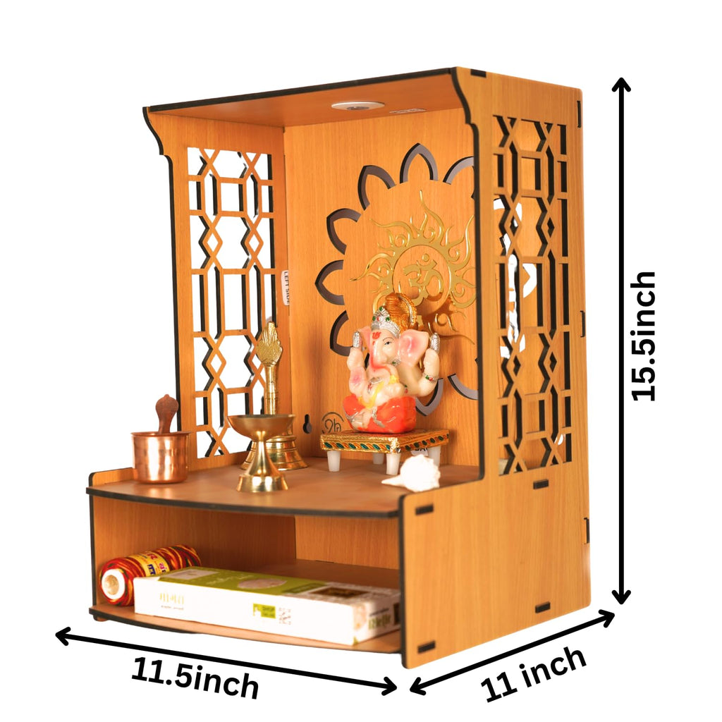 9br® Mangal Beautiful Wooden Pooja Stand for Home Pooja Mandir for Home Temple for Home and Office Puja Mandir for Home Wall Mounted with LED Spot Light Size (H- 15.5, L- 11.5, W-11 Inch)