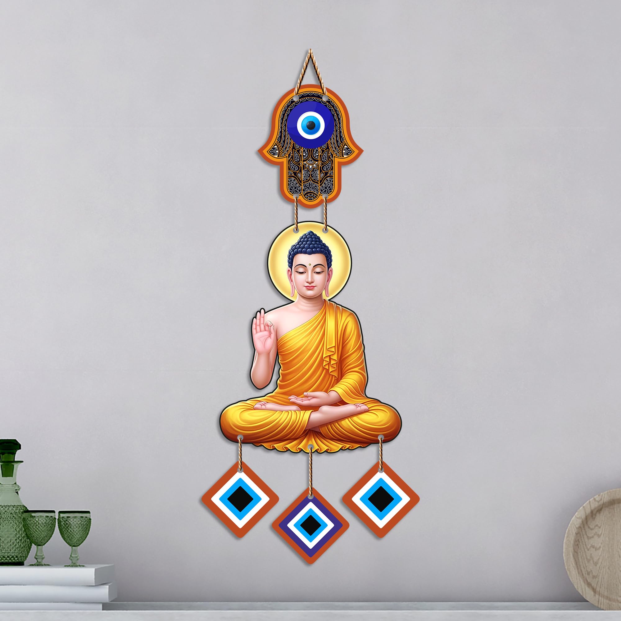 Artvibes Buddha Wall Hanging with Evil Eye Charms | Spiritual Wooden Decor Symbolizing Peace | Growth and Positive Energy | Decorative Hanging for Living Room | Meditation Room | Art Gift (WH_85101N)