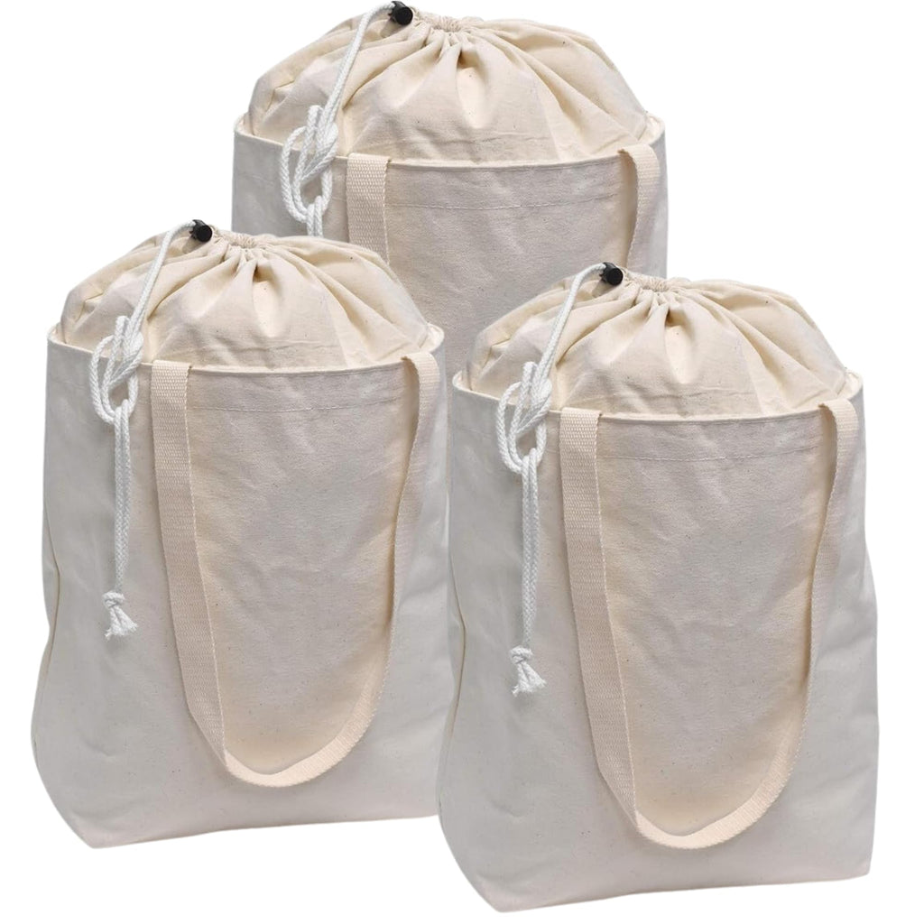Metsi Reusable Canvas Laundry Bag with Shoulder Straps, Extendable Drawstring Top, Eco-Friendly 100% Cotton Cloth Tote for Shopping, Travel and Storage, Pack of 3