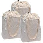 Metsi Reusable Canvas Laundry Bag with Shoulder Straps, Extendable Drawstring Top, Eco-Friendly 100% Cotton Cloth Tote for Shopping, Travel and Storage, Pack of 3