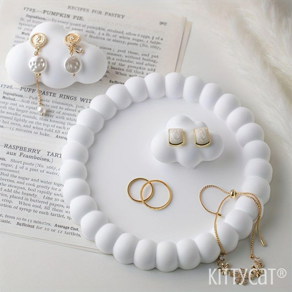 Kitty Cat® Aesthetic Handmade Concrete Bubble Trinket Tray | Off-White Jewelry & Makeup Organizer | Stylish Home Decor, Candle Holder & Multipurpose Table Accessory | Unique (14.3x14.3cm) (Round-1)