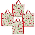 DOUBLE R BAGS Unisex Big Eco Cotton Canvas Shopping Bag for Grocery, Milk, Fruits & Vegetables | Reusable Jhola Tote with Reinforced Handles | Cherry Print, 34x9.5x39.5 cm, 1 Compartment (Pack of 4)