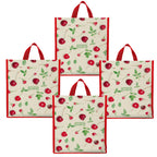 DOUBLE R BAGS Unisex Big Eco Cotton Canvas Shopping Bag for Grocery, Milk, Fruits & Vegetables | Reusable Jhola Tote with Reinforced Handles | Cherry Print, 34x9.5x39.5 cm, 1 Compartment (Pack of 4)