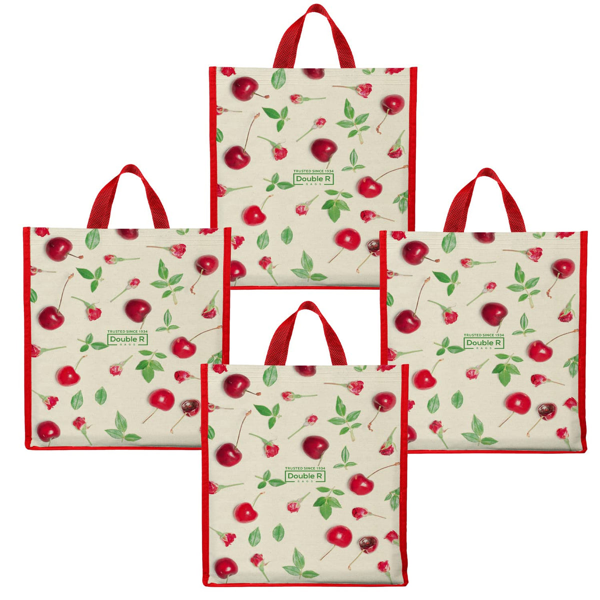 DOUBLE R BAGS Unisex Big Eco Cotton Canvas Shopping Bag for Grocery, Milk, Fruits & Vegetables | Reusable Jhola Tote with Reinforced Handles | Cherry Print, 34x9.5x39.5 cm, 1 Compartment (Pack of 4)