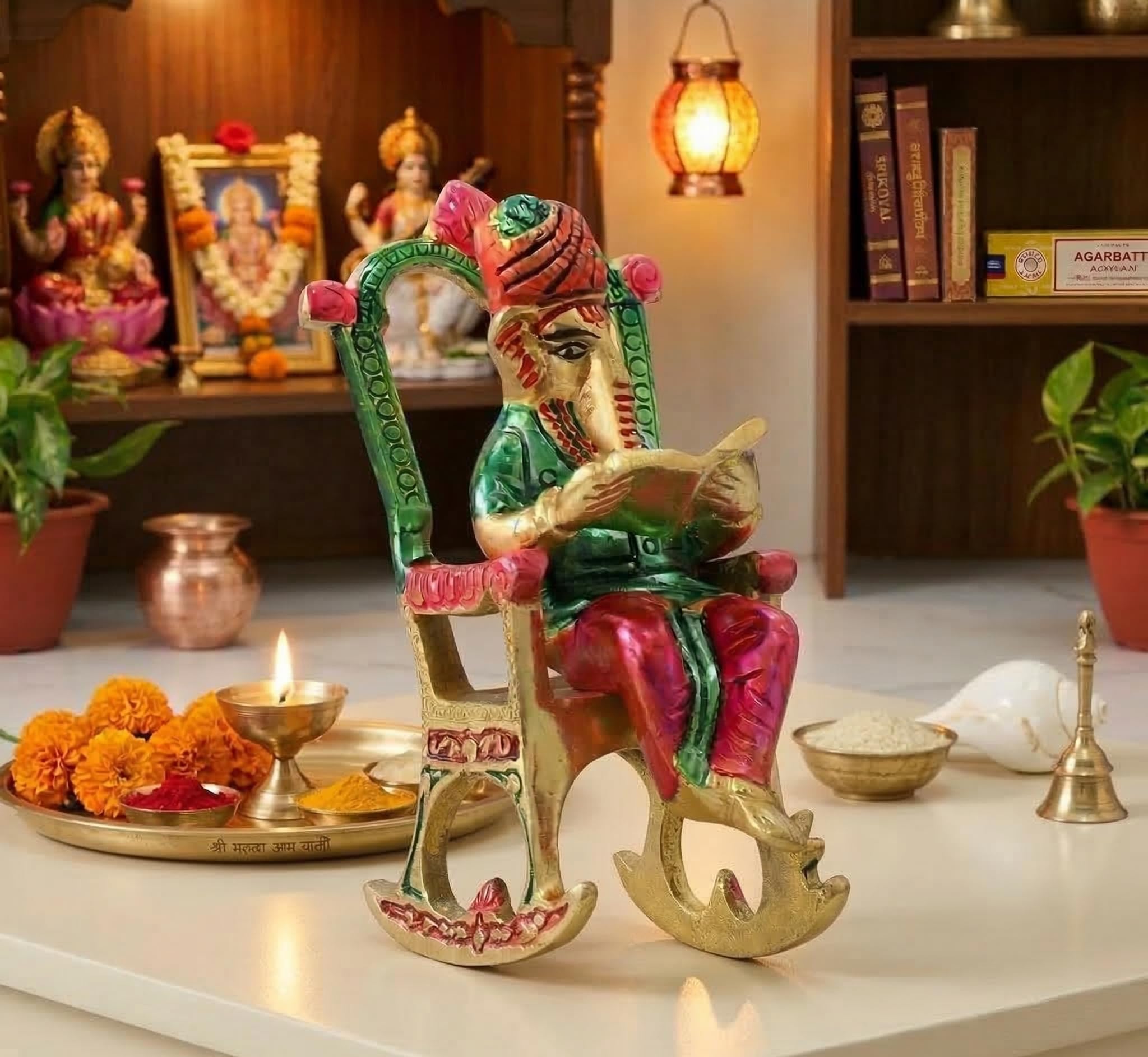KridayKraft Metal Chair Ganesh ji Reading Book with Meenakari Work,Ganesha Metal Statue for Pooja & Home, Office Décor, Car Dashboard Religious Showpiece for Decoration & Gifting Article