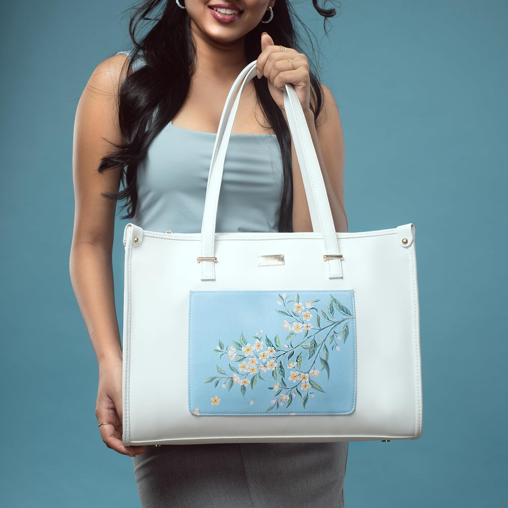 Strokes by Namrata Mehta Box Tote Bag for Women | Fits 16 Laptop | Large Tote Bag For Office Use and Work | Vegan Leather (Periwinkle Blue and White Box Tote Bag)