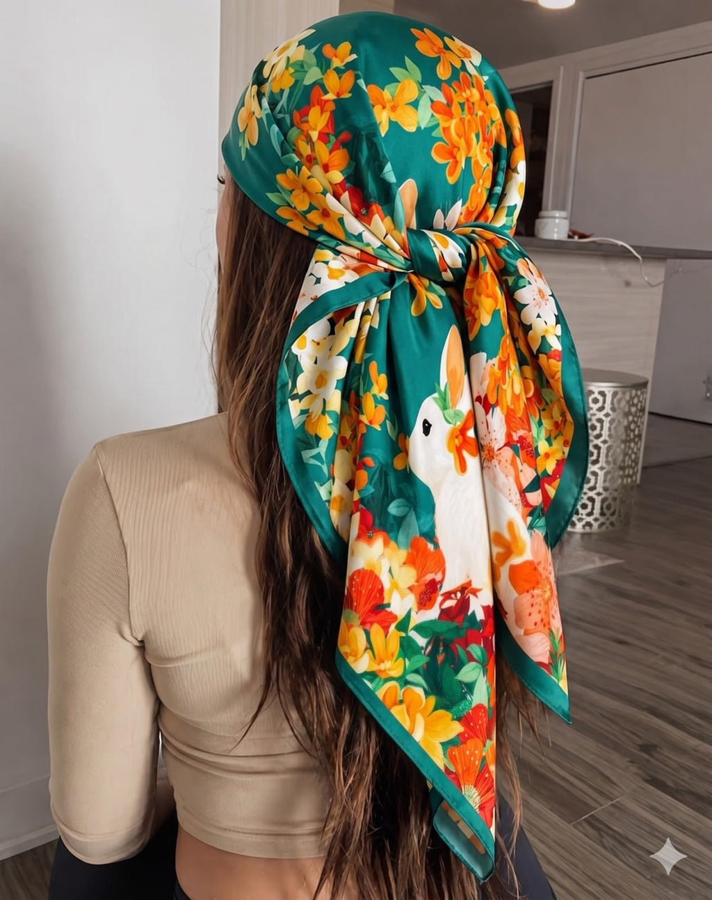 Etietnic Satin Square Head Scarf for Women,GREEN RABBIT Printed