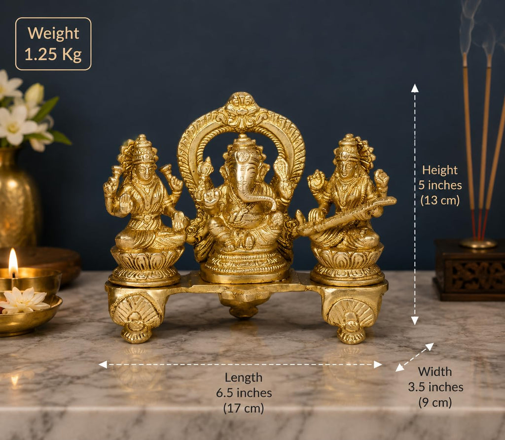 ARTVARKO Pure Brass Lakshmi Ganesha Saraswati Idol Ganesh laxmi Sarasvati Murti Statue for Diwali Puja Home Decor Good Luck Gift 6.5 Inches
