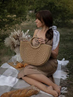 MAIRO LIFESTYLE Straw Wicker Handmade Boho Summer Beach Round Tote Moon Bag (Brown Large)