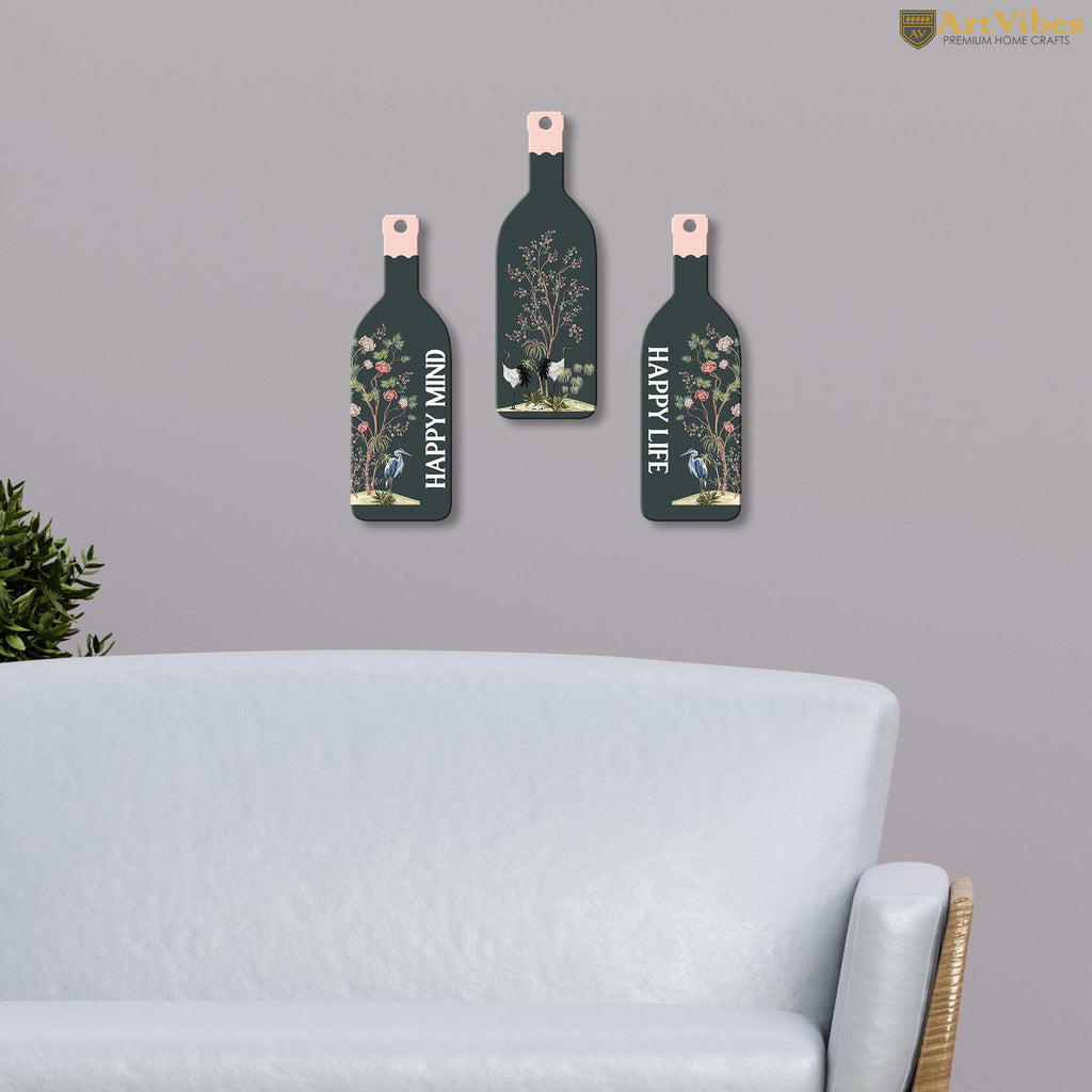 Artvibes Happy Mind Happy Life Decor Decorative Wall Hanging Wooden Art | Quotes Decor Item | Craft For Everyone | Wall Illustrations | Office Decor | Wall Art Print | Gift Items (WH_9525N), Set of 3