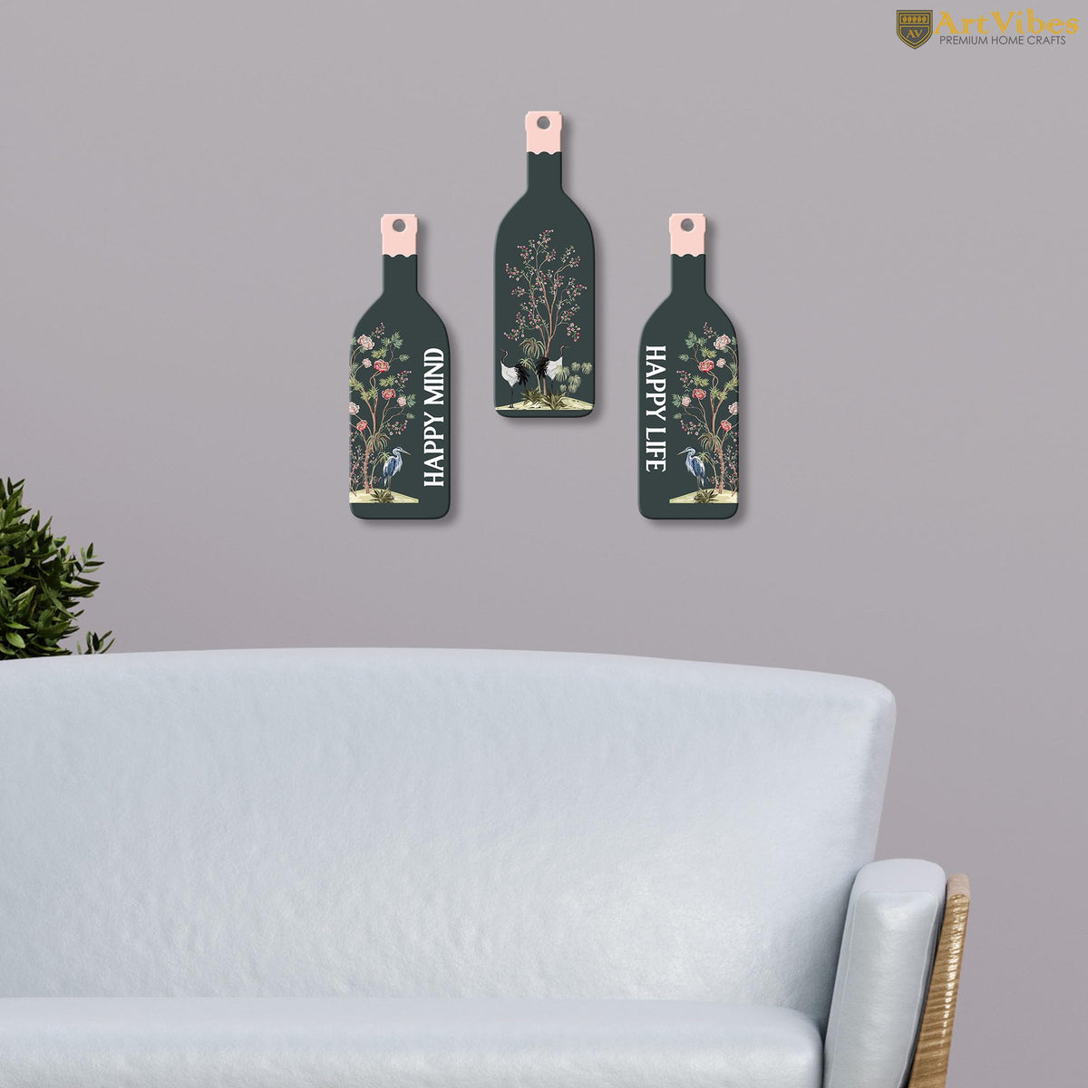 Artvibes Happy Mind Happy Life Decor Decorative Wall Hanging Wooden Art | Quotes Decor Item | Craft For Everyone | Wall Illustrations | Office Decor | Wall Art Print | Gift Items (WH_9525N), Set of 3