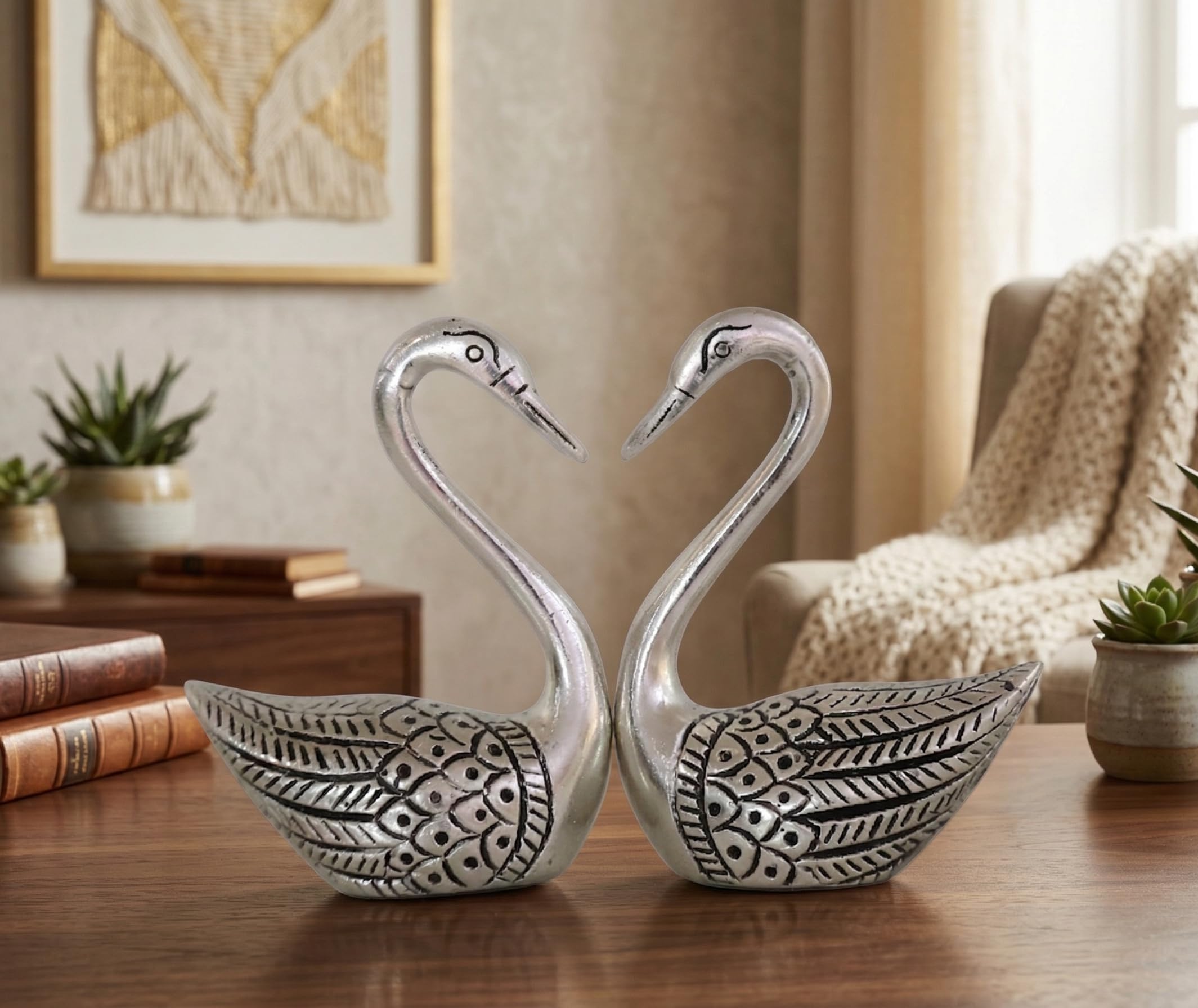 Elegant Metal Swan Pair Showpiece Handcrafted Silver Finished Decorative Figurines for Home Decor, Living Room, and Office – Set of 2 Vastu/Feng Shui Gift Items