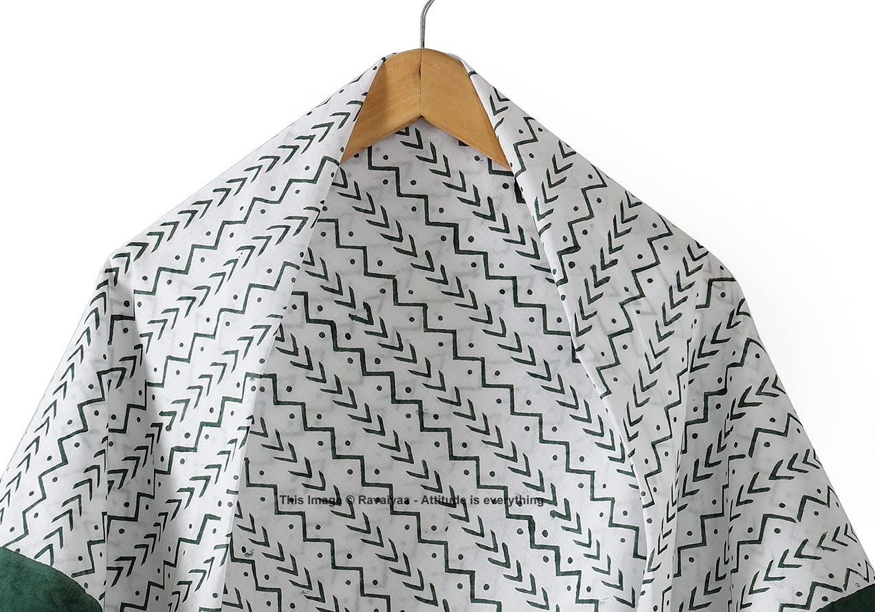 Ravaiyaa - Attitude is everything Sanganer Hand Block Printed Scarves Pure Cotton Scarf Square Hijab Dupatta 40 X 40 Inch (Green White Waves)