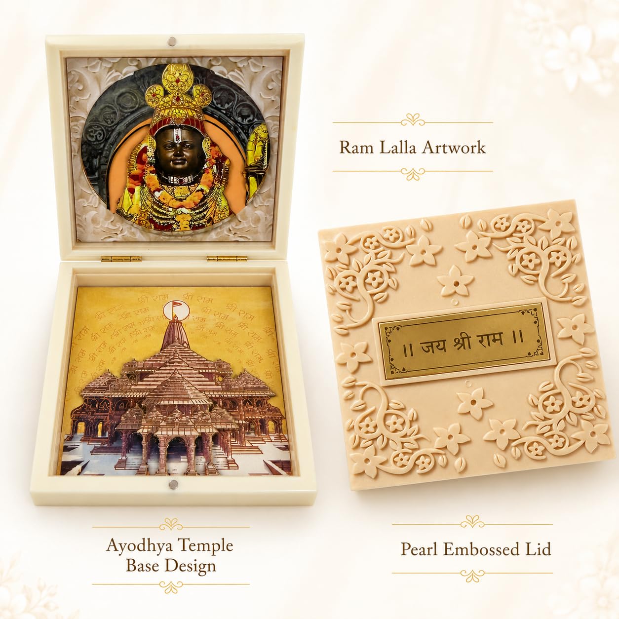 Ram Lalla Charan Paduka Pocket Temple for Pooja Room, Home Mandir, Prayer Space, Car Dashboard & Spiritual Gifting | Pearl & Brown Finish | Medium & Big Size Devotional Decor (Pearl, Medium)