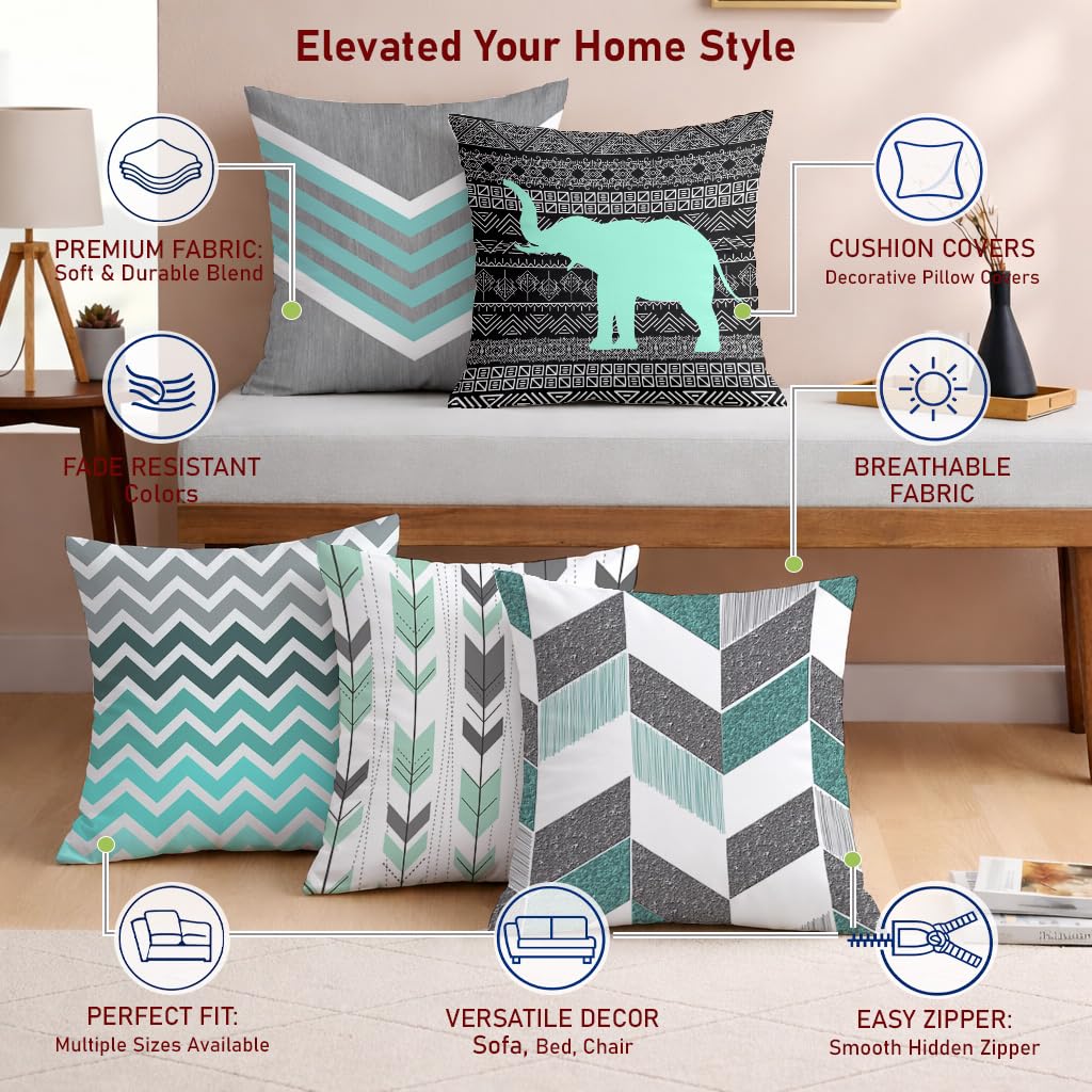STITCHNEST Set of 5 Teal Tribal Harmony Collection Printed Jute Cushion Covers 16x16 Inches | Decorative Throw Pillow Covers for Sofa, Living Room, Bedroom | Perfect for Home Decor