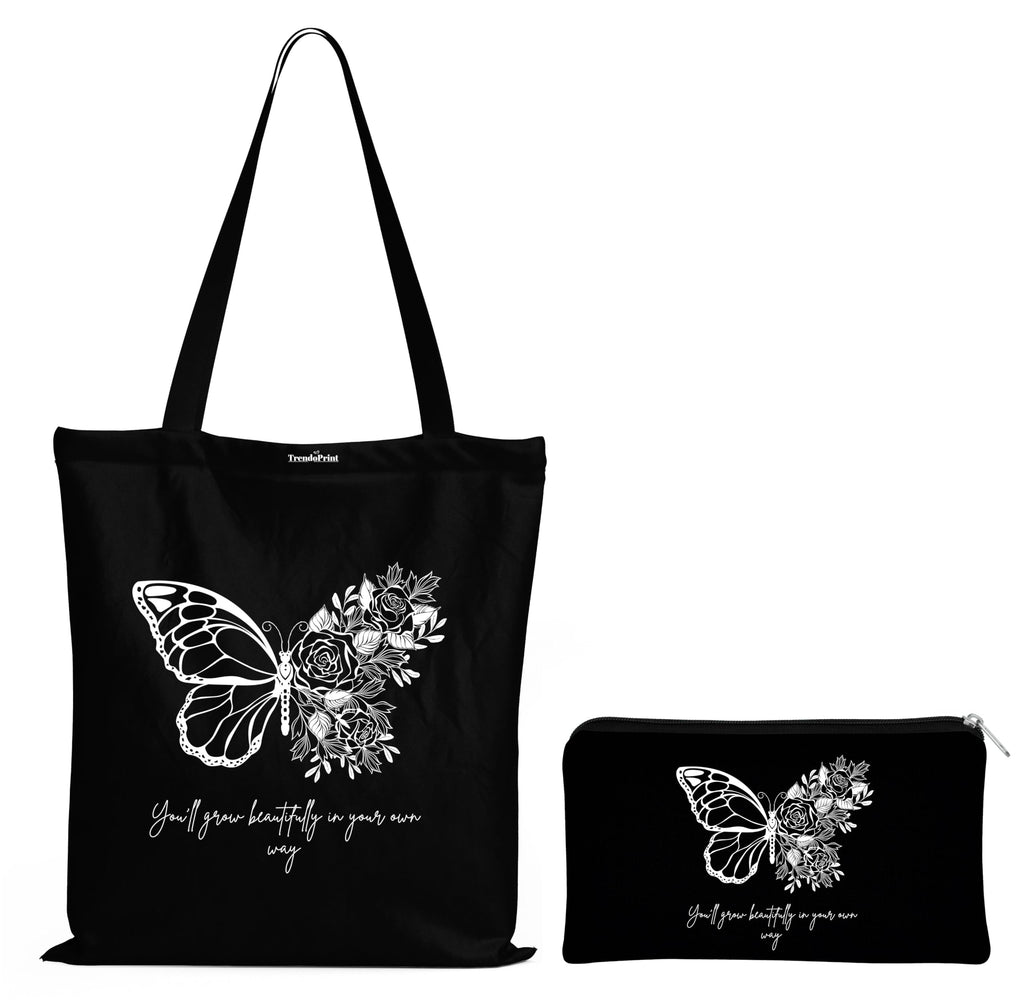 TrendoPrint Eco-Friendly Printed Black Tote Bag 14 x 16 inch with Makeup Pouch for College, Shopping and Travelling (TB154)