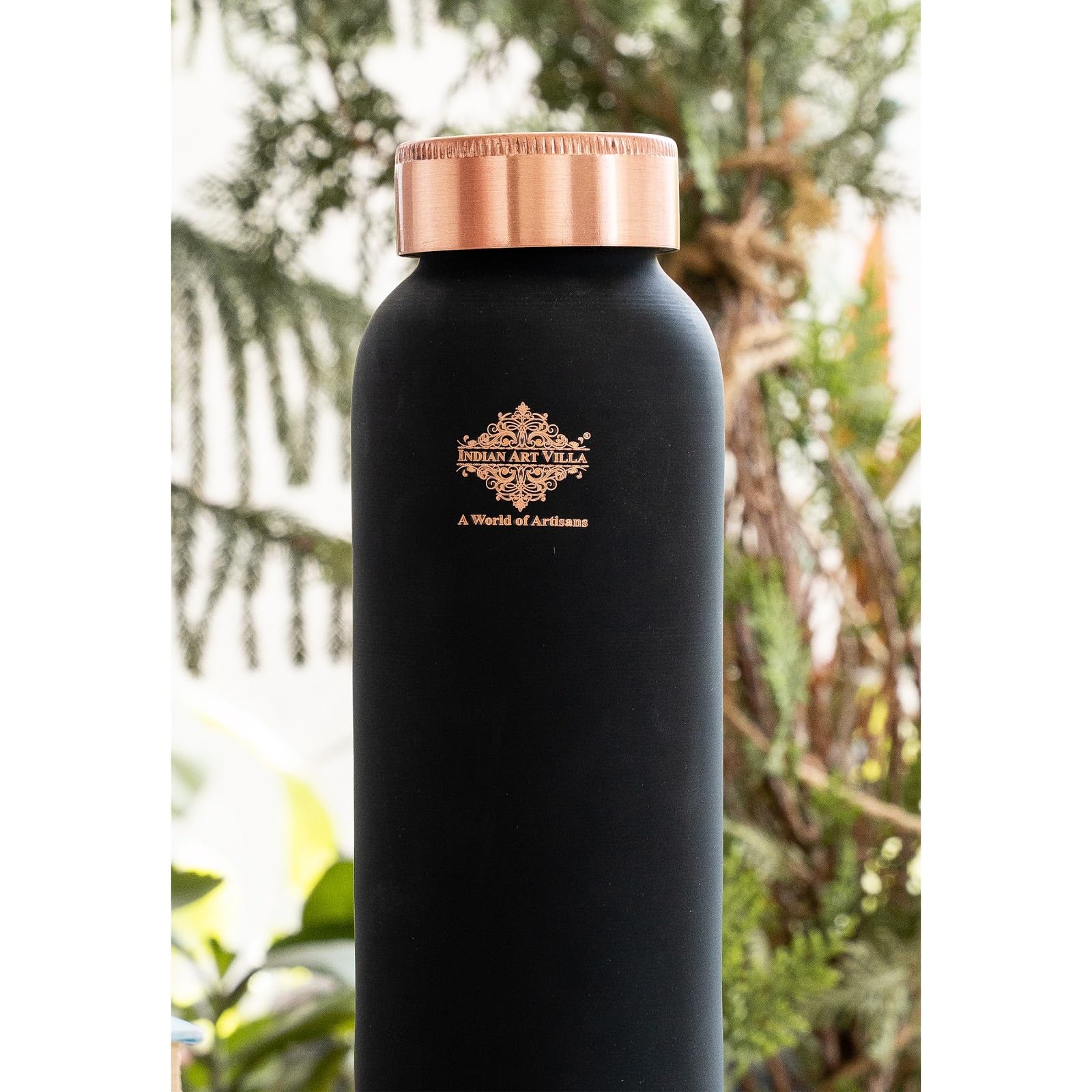 INDIAN ART VILLA Copper Lacquer Coated Black Silk Finish Water Bottle, 900 ML, Copper Drinkware for Daily Use, Office, Gym, Yoga & Travel, Ayurvedic Health Benefits, Gift Item