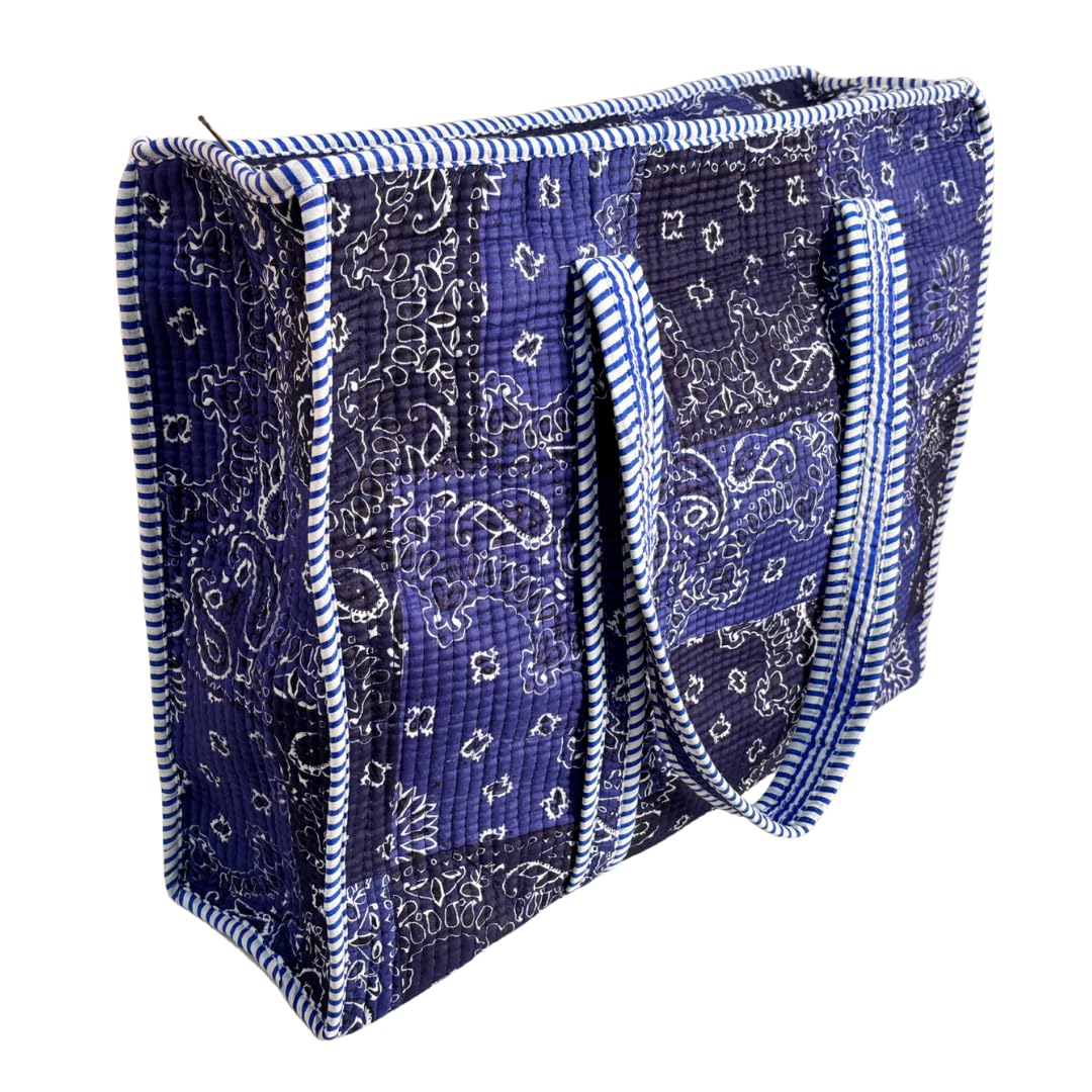 Bazaar Bhoot Edition Premium Cotton Quilted Shopping Tote Bag - Multipurpose Long Lasting Foldable Reusable Bag with zipper for Shopping, Travel & Daily Use - Made in India (Shaded Blue)