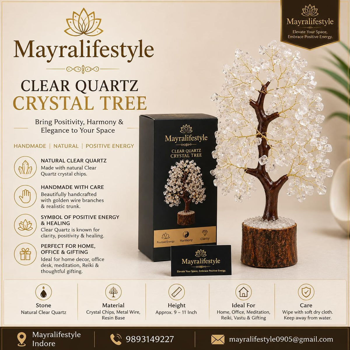 Mayralifestyle Natural Clear Quartz Crystal Tree | Handmade Gemstone Wish Tree for Home Decor, Office Desk, Meditation & Reiki Healing | Decorative Crystal Bonsai Tree