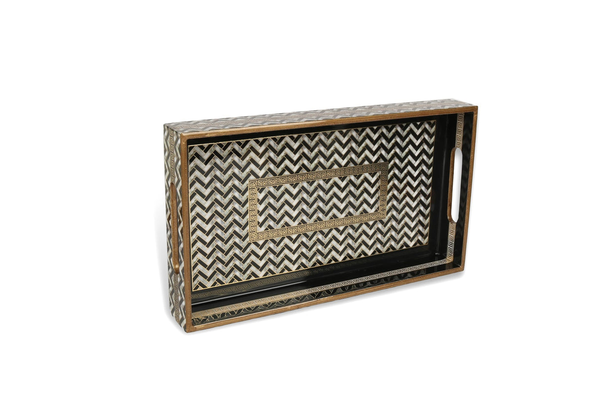 Classic Chevron Decorative Wooden Tray – Gold Engraved, Enamel Coated, Waterproof Rectangular Serving Tray for Coffee Table, Dining Room, Kitchen, Parties & Home Decor (Classic Chevron Small)