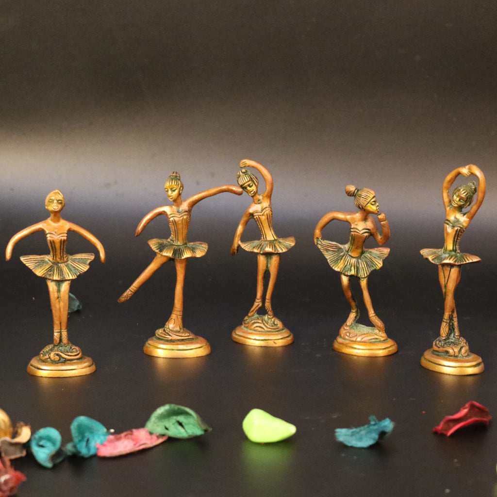 ARTVARKO Brass Beautiful Dancing Lady Idol Home Décor Showpieces Ladies Statue Set of 5 Statues.(Greenish Gold)