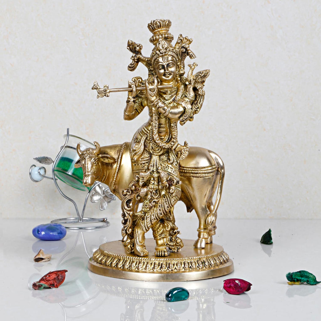 Artvarko Brass Krishna with Cow Statue for Home Mandir Krishan Ji Murti Decorative Showpiece Good Luck & Happiness Statue Idol Décor 10 Inches
