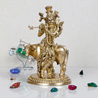 Artvarko Brass Krishna with Cow Statue for Home Mandir Krishan Ji Murti Decorative Showpiece Good Luck & Happiness Statue Idol Décor 10 Inches