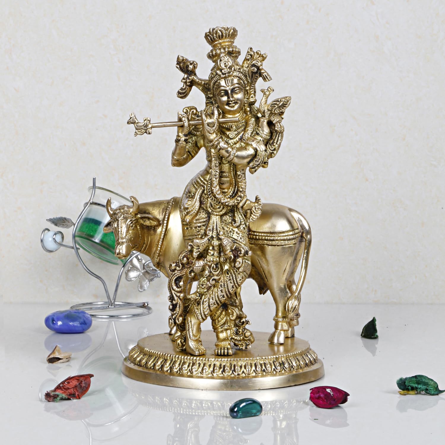 Artvarko Brass Krishna with Cow Statue for Home Mandir Krishan Ji Murti Decorative Showpiece Good Luck & Happiness Statue Idol Décor 10 Inches