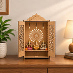 FA6 Wooden Home Temple Mandir for Pooja Room 3MM Premium MDF Wood Laser Cut Pooja Mandir with Doors & Storage Shelf Natural Oak Finish Tabletop Temple 15 x 10 x 7 Inch