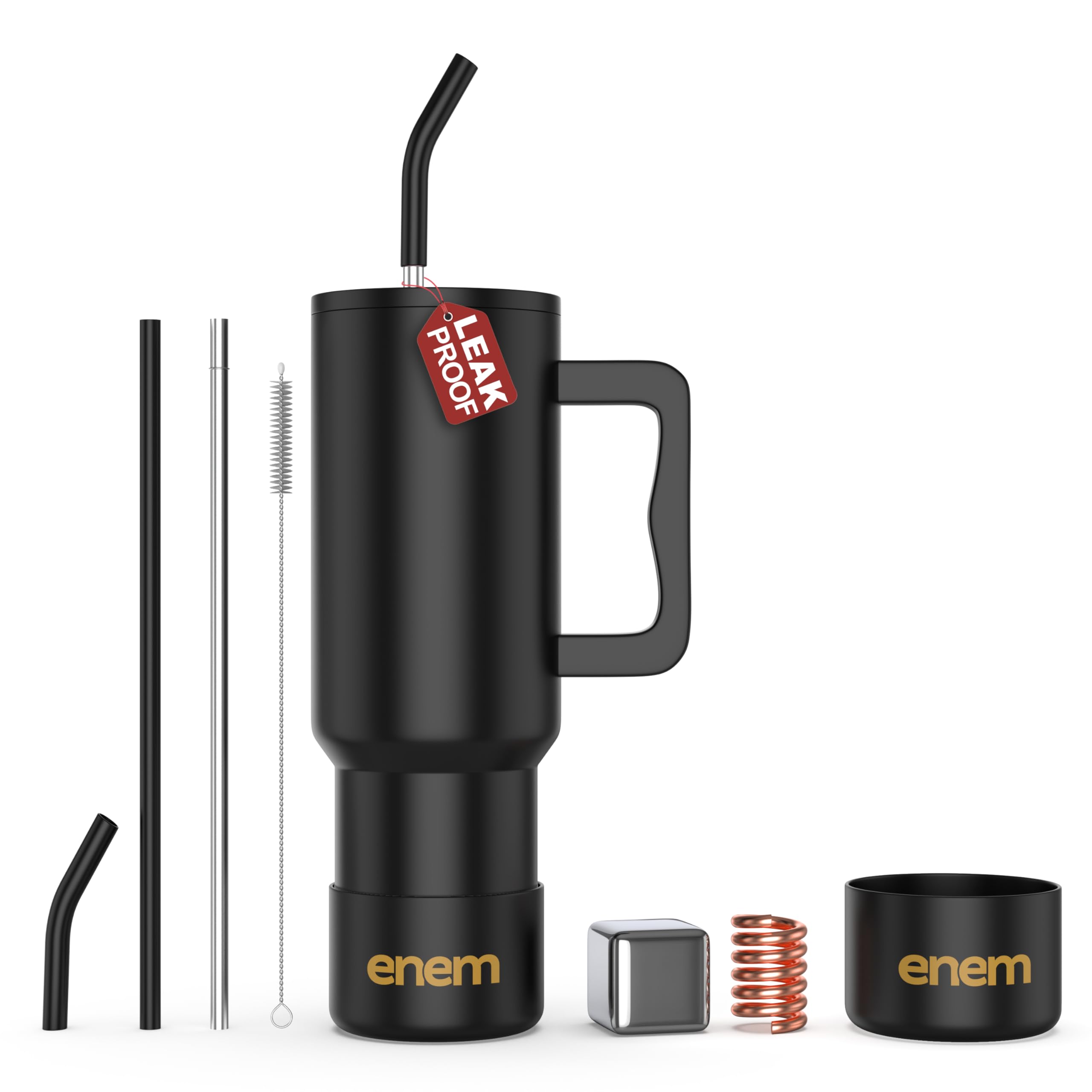 enem Tumbler, Alpha Black, Tumbler with Metal Straw, Sipper, with Lid Leak Proof, 1 Metal Ice Cube, 1 Copper Spring (Tamba), Base Protector, Mug Travel, 1.2L