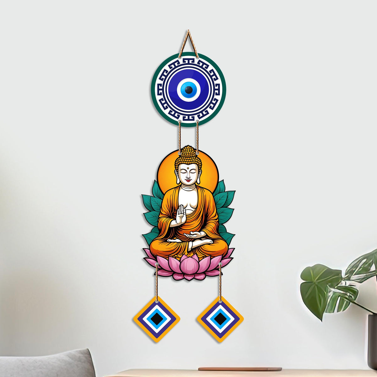 Artvibes Buddha Lotus Meditation Wall Hanging with Evil Eye Charms | Spiritual Decor for Yoga & Prayer Spaces | Decorative Wooden Hanging Ornament for Living Room | Positive Energy Wall Art (WH_8598N)