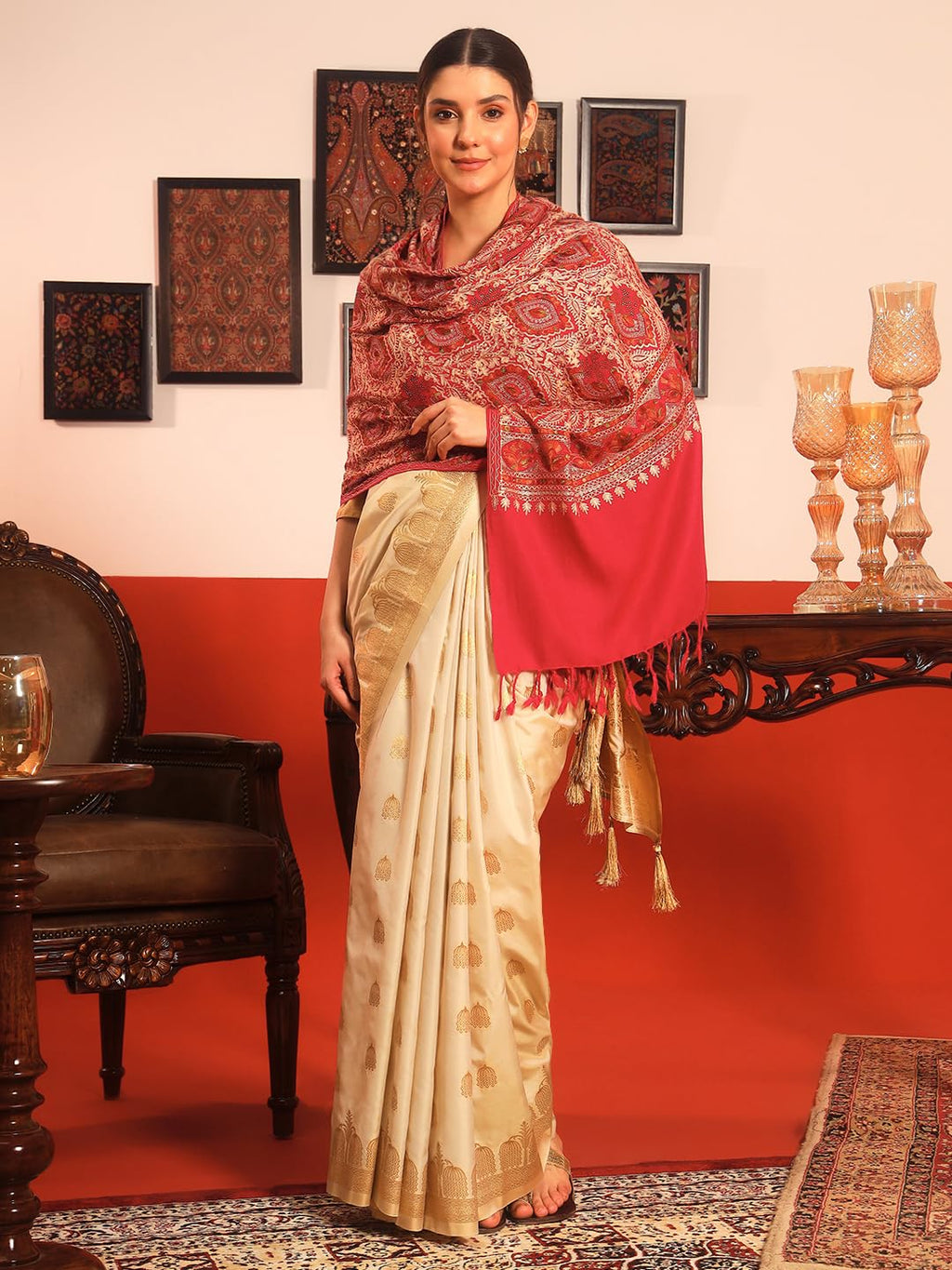Pashmoda Women Ornate Harmony Fine Wool Nalki Embroidered Stole (Size : 28x80in, 71X203cm) EMST03